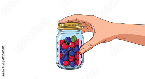 Hand holding a clear glass mason jar filled with fresh and juicy blueberries and raspberries against a white background.