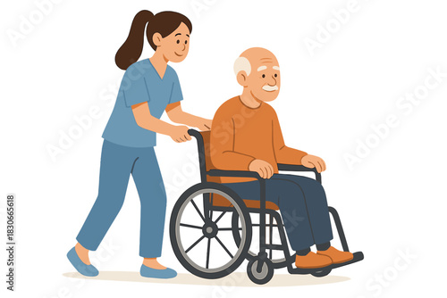 Female caregiver pushing senior man in a wheelchair providing assistance