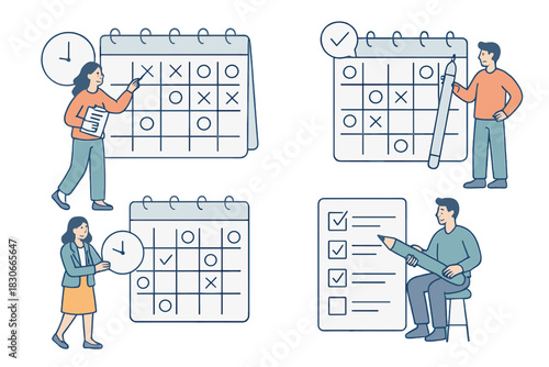 Scenes illustrating business planning, deadline management, and task organization concepts