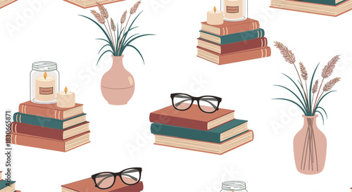 Cozy and aesthetic seamless pattern with stacks of books candles glasses and vases for book lovers and reading themes.