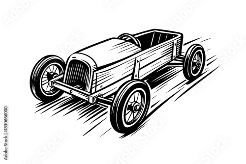 retro wooden soapbox derby car speeding downhill