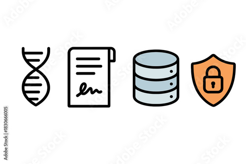 Essential icons for data security, genetic privacy, legal agreements, and digital storage management