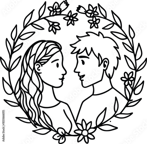 Vector illustration of a young couple silhouette kissing with heart design for Valentine's love and wedding