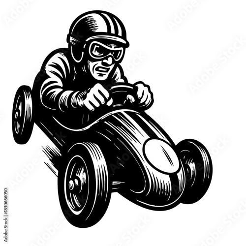 Retro downhill soapbox racer, black and white