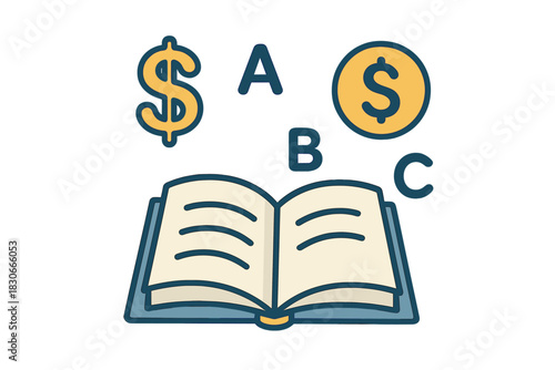 Financial education concept showing an open book, dollar symbols, and ABC letters