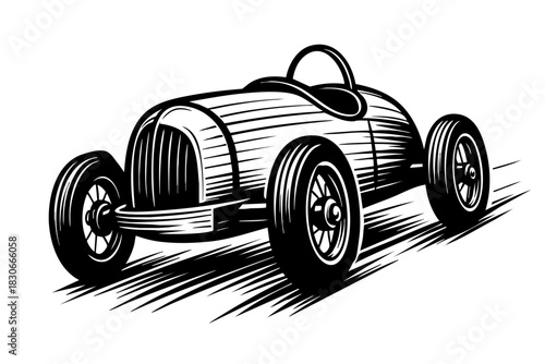 Stylized 1950s soapbox racer in black and white, low-angle energetic perspective