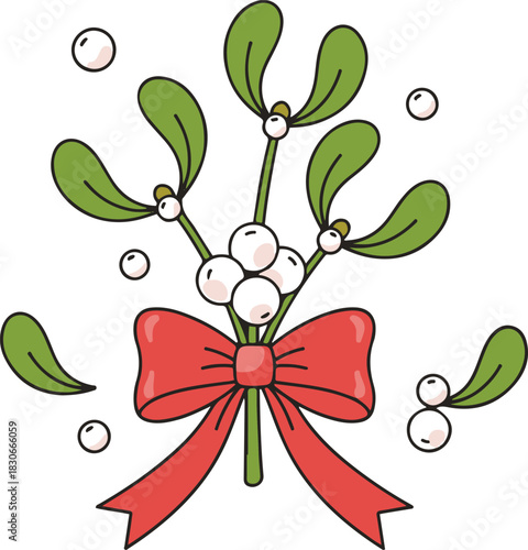 A festive cartoon illustration of a mistletoe sprig with green leaves and floating white berries, tied together with a bright red ribbon bow.