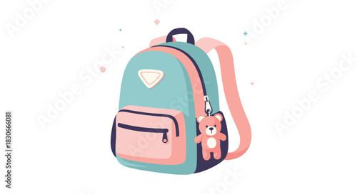 Cute pastel-colored school backpack with a small teddy bear keychain perfect for students going back to school supplies.