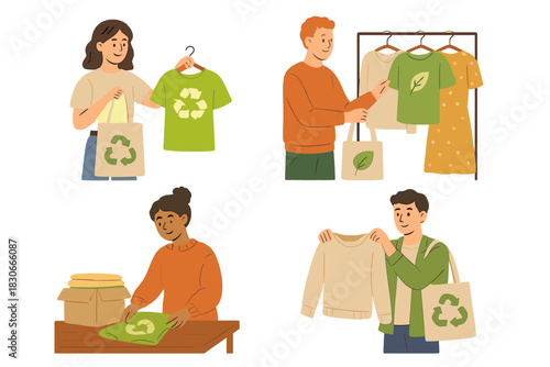 People shopping for sustainable clothing with recycling and organic symbols on reusable bags