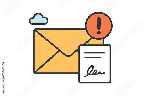 Critical email notification symbol featuring an envelope, warning sign, and signed document