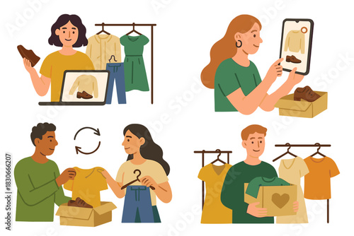 People shopping online, exchanging, and donating used garments for sustainable fashion