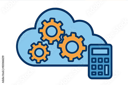 Cloud computing service configuration and cost management symbol featuring gears and a calculator