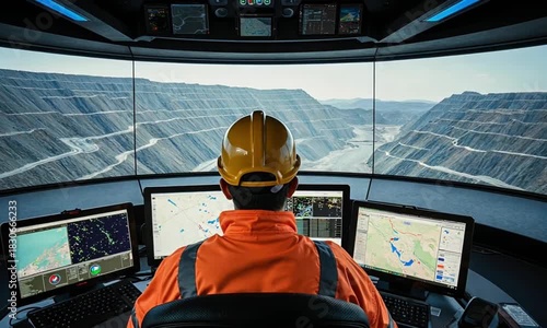 Operator in advanced control room overseeing vast open-pit mining operation