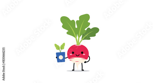 Cute radish character with a happy face holding a small potted plant representing growth gardening and healthy eating.