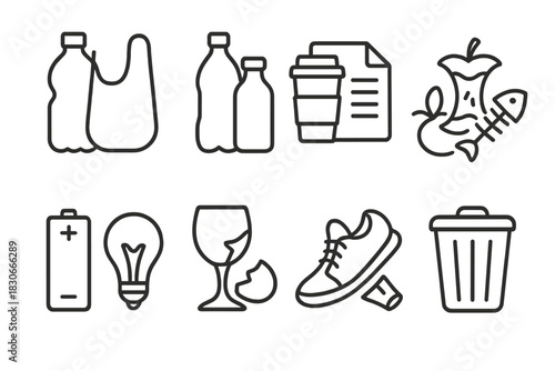 Linear icons set showing various types of garbage and waste materials for sorting and recycling