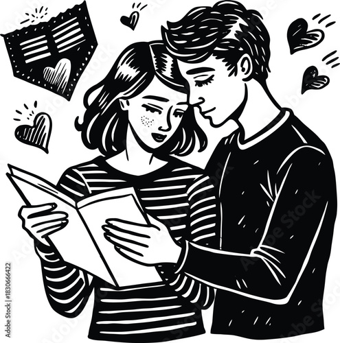 Smiling young couple together reading a book on a bench