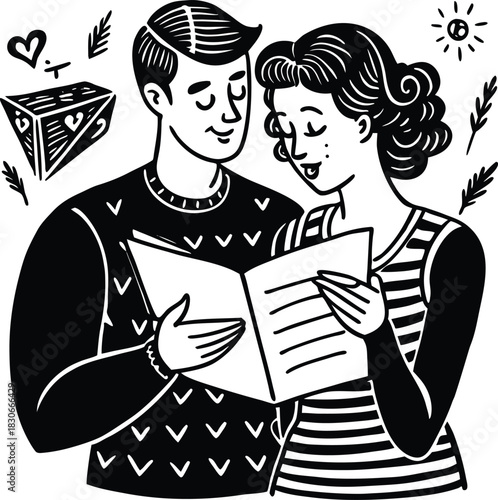 Cartoon vector illustration of a young smiling couple reading a book with their child for family love and education