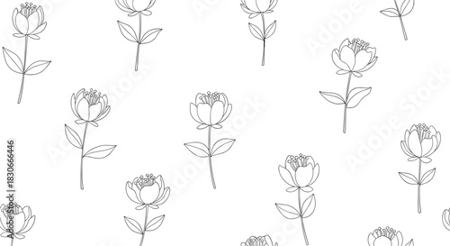 Simple seamless floral pattern with black and white peony flowers in a dashed line art style on a white background.