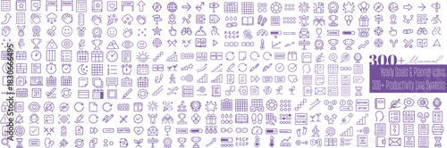 Minimal line art productivity icon set with yearly planner symbols, purple outline business graphics arranged in wide landscape grid for bullet journal scheduling and goal tracking