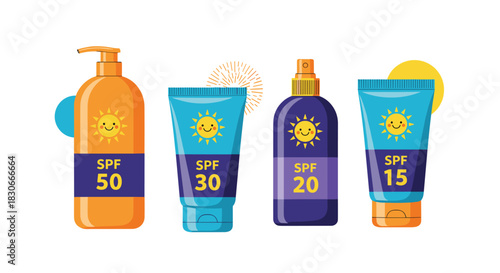 Collection of colorful sunscreen bottles and tubes with different SPF factors for summer skin care and sun protection.