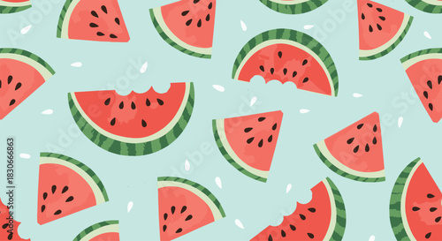 Refreshing seamless summer pattern with juicy watermelon slices and seeds scattered on a pleasant light blue background.
