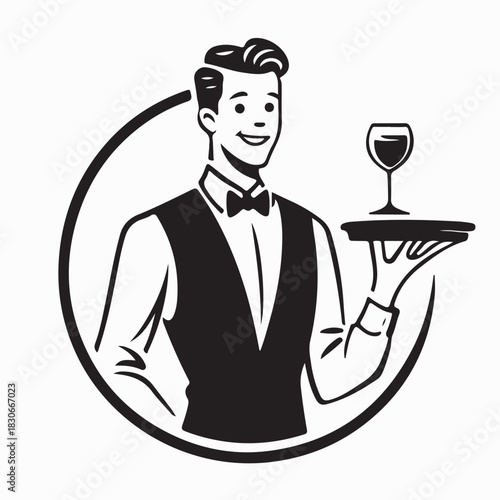 Smiling Waiter Carrying Drinks on Tray Vector Logo on white background