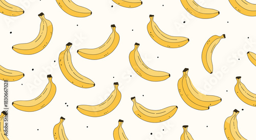Fun and playful seamless pattern with hand-drawn yellow bananas and black dots on a light background for tropical designs.