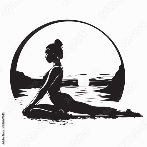Silhouette of a woman stretching by the seaside vector illustration