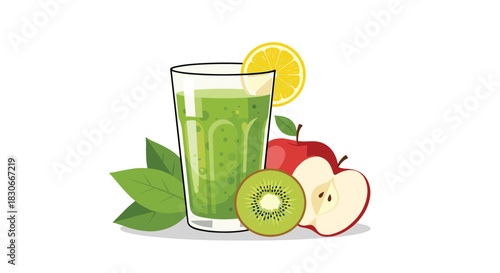 Healthy green smoothie in a glass surrounded by its fresh ingredients like kiwi apple and a slice of lemon.