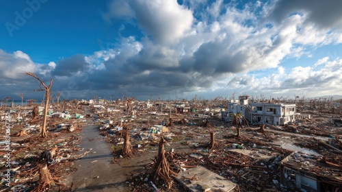 Devastation following a natural disaster showing destroyed buildings and debris
