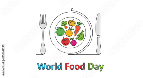 World Food Day concept illustration with a single continuous line drawing of a plate of vegetables fork and knife.