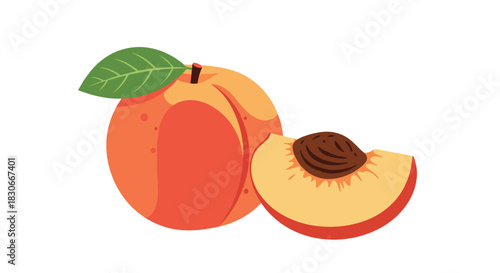 Fresh cartoon peach fruit with a green leaf and a single slice showing the seed isolated on a plain white background.