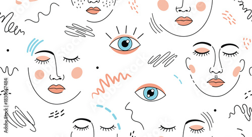 Seamless pattern of abstract human faces and eyes in a minimalist line art style with doodles on a white background.