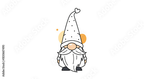 Cute cartoon valentine gnome with a long white beard and a pointy polka dot hat isolated on a plain white background.