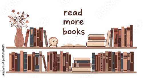 Bookshelves filled with colorful books and decorative items with the motivational phrase read more books in the center.