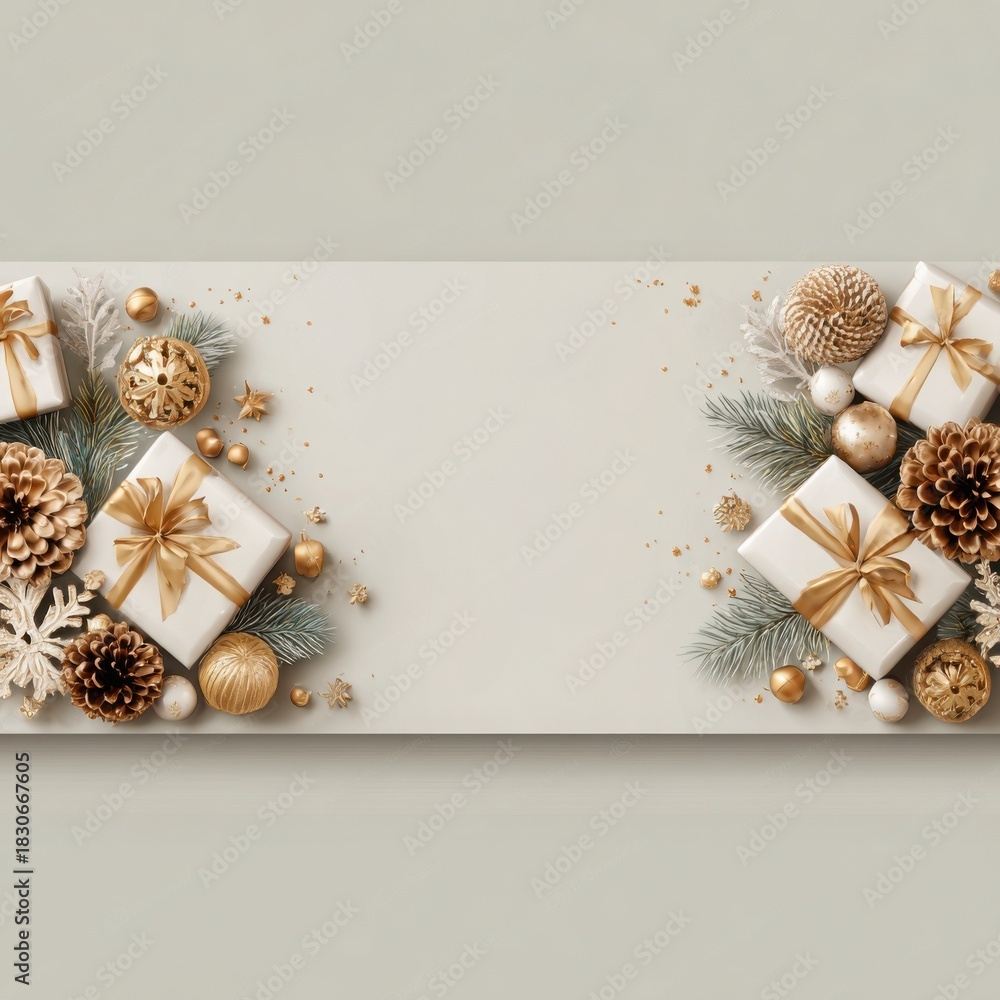 Obraz premium Festive flat lay of golden Christmas presents, ornaments, pine branches, and holiday decor on a beige background with copy space.
