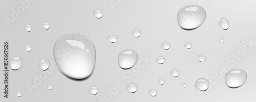 Blue transparent water drops on light background with realistic wet condensation and liquid droplet flow effect.