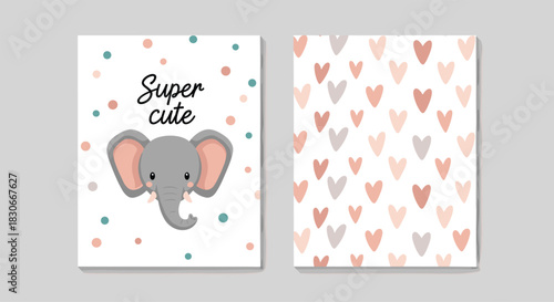 Set of two cute greeting cards with a cartoon elephant face and a seamless heart pattern for a baby shower invitation.
