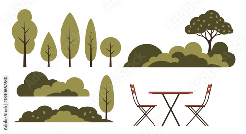 Set of various park and garden elements including trees bushes and a table with chairs in a simple flat design style.