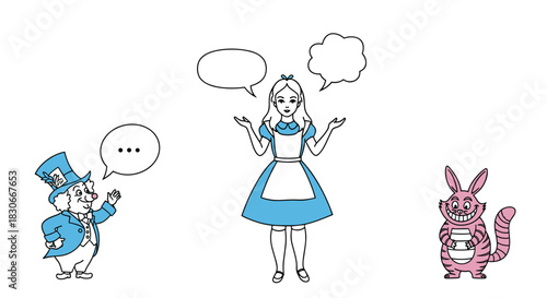 Alice in Wonderland characters including the Mad Hatter and Cheshire Cat with empty speech bubbles for your own text.