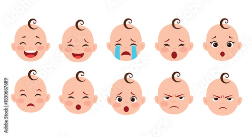 A collection of cute cartoon baby faces showing a wide range of different emotions and expressions on white background.