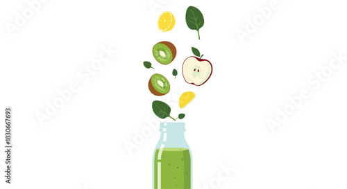 Healthy green smoothie ingredients like apple kiwi and spinach flying into a glass bottle on a white background design.