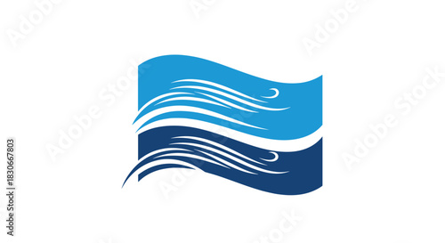 Dynamic abstract blue flag design with wavy white lines and curves, representing the fluidity of water, air, or a modern technological flow.