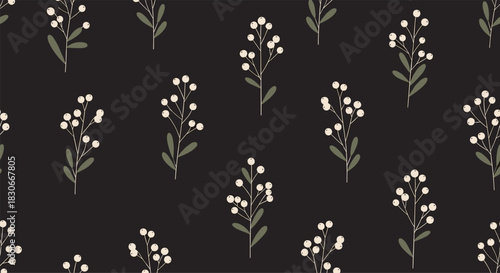 Elegant seamless pattern with minimalist branches and white berries on a dark background for a sophisticated design.