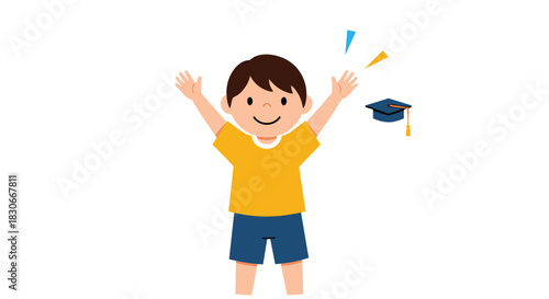 A joyful young boy with hands raised in the air, anticipating academic success and educational milestones, symbolized by a graduation cap.