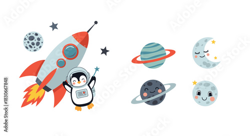 A cute collection of outer space clip art with a penguin astronaut a rocket and smiling planets on a white background.