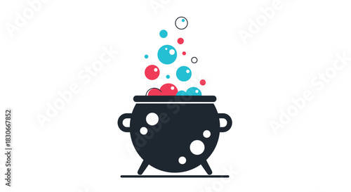 A vibrant flat vector illustration of a black witch's cauldron overflowing with colorful red and blue magical potion bubbles, isolated on a white background.