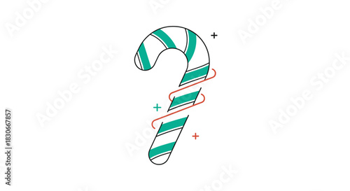 Minimalist illustration of a candy cane with teal stripes and a red swirl, accented by small plus signs on a clean white background.