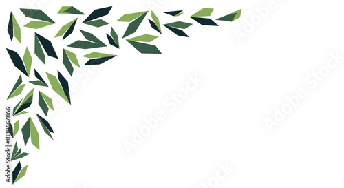 Modern botanical corner illustration with overlapping geometric leaves in various shades of green, ideal for decorative branding or frame elements.