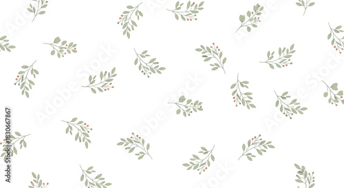 Simple seamless botanical background with minimalist green branches and leaves scattered across a plain white surface.